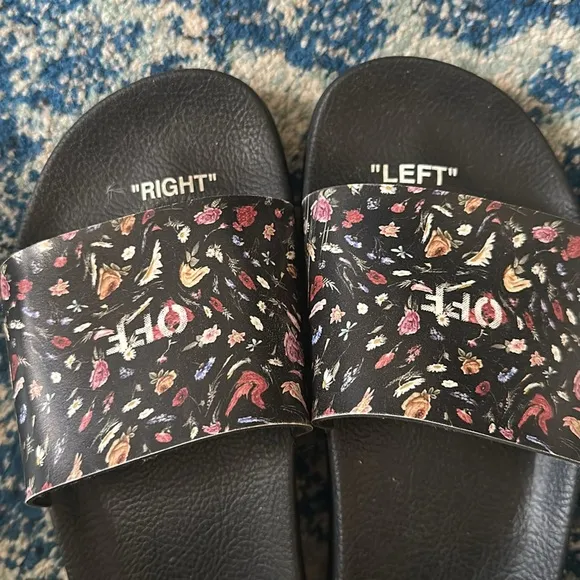 Off-White Floral Logo Black Background Slides 7 NWOT