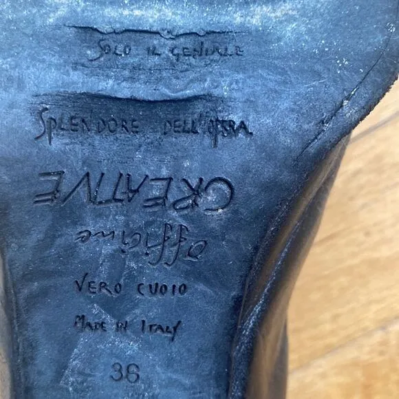 OFFICINE Creative sz 36 black leather open toe heels handmade Italy since 1856