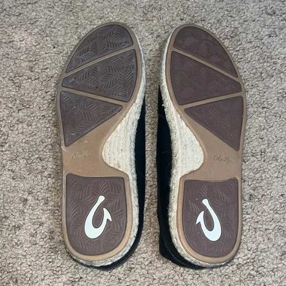 Olukai Kaula Pa'a 'Ili Leather Slip On Espadrille Flat Black 7.5