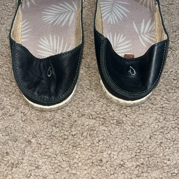 Olukai Kaula Pa'a 'Ili Leather Slip On Espadrille Flat Black 7.5