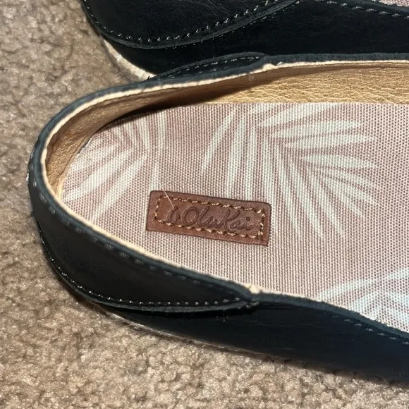 Olukai Kaula Pa'a 'Ili Leather Slip On Espadrille Flat Black 7.5