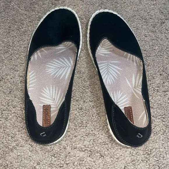 Olukai Kaula Pa'a 'Ili Leather Slip On Espadrille Flat Black 7.5
