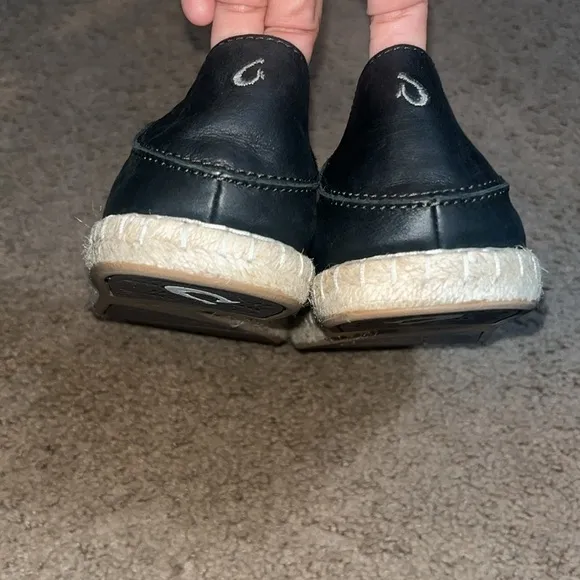 Olukai Kaula Pa'a 'Ili Leather Slip On Espadrille Flat Black 7.5