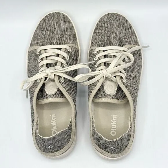 OluKai Pehueali Slip On Lace Up Beige Canvas Print Sneakers - Women’s US 7 / EU