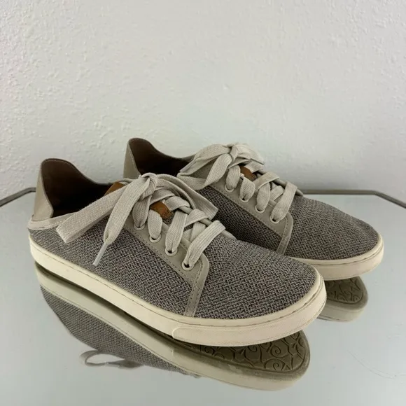 OLUKAI Womens Tapa Grey Pehuea Li Drop In Heel Lace Up Lightweight Sneakers