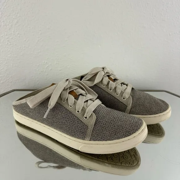 OLUKAI Womens Tapa Grey Pehuea Li Drop In Heel Lace Up Lightweight Sneakers
