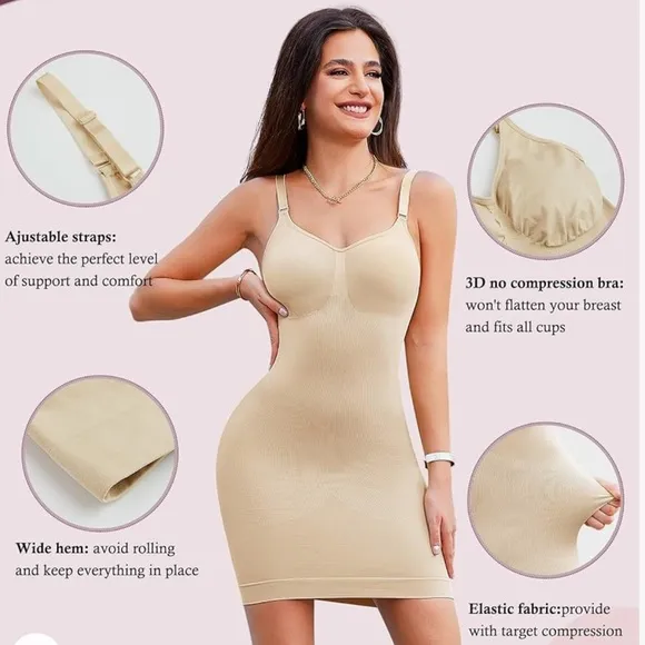One Piece Tummy Control Shapewear Full Slip With Adjustable Spaghetti Strap