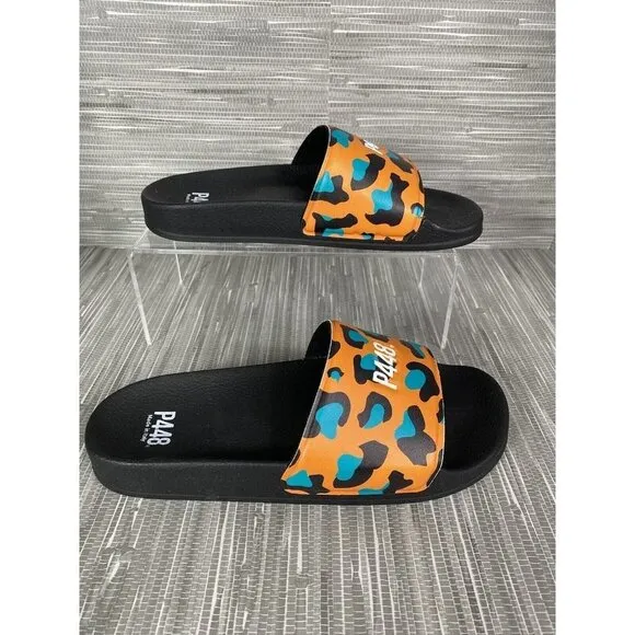 P448 Women's Sandal Slides Super Water Resistant‎ Leopard Orange Blue Size 5