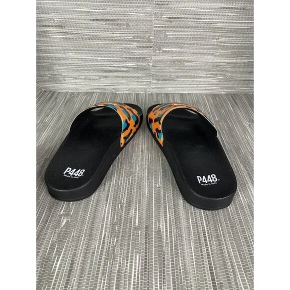P448 Women's Sandal Slides Super Water Resistant‎ Leopard Orange Blue Size 5