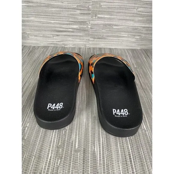 P448 Women's Sandal Slides Super Water Resistant‎ Leopard Orange Blue Size 5