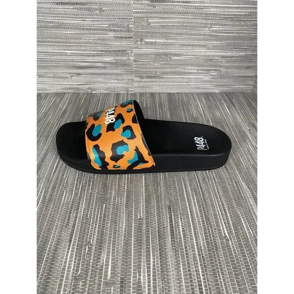 P448 Women's Sandal Slides Super Water Resistant‎ Leopard Orange Blue Size 5