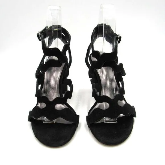 PAIGE Sage Scalloped Black Suede High Heels SZ 6