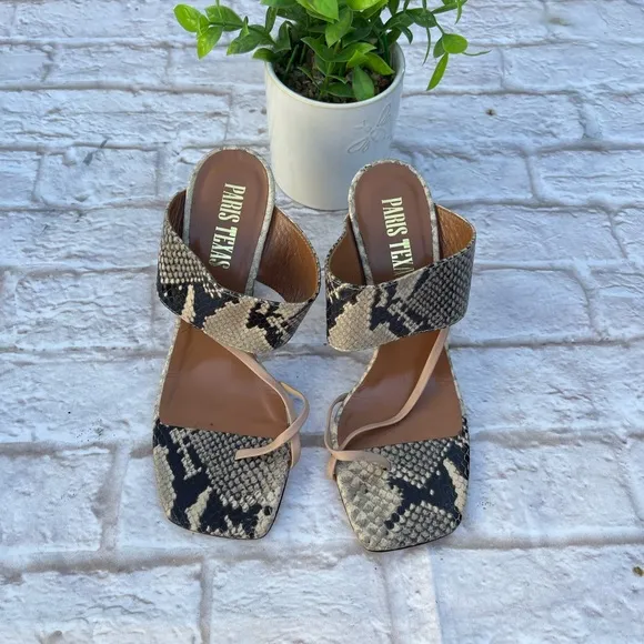 PARIS TEXAS Stone Gray Snake Print High Heel Slides 36 1/2