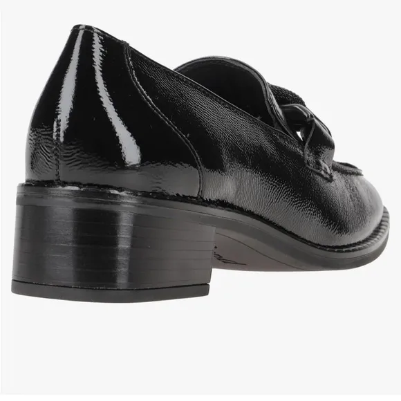 Paul Green Black Patent Leather Block Heel Chain Link Loafers Sz