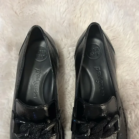 Paul Green Black Patent Leather Block Heel Chain Link Loafers Sz