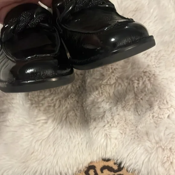 Paul Green Black Patent Leather Block Heel Chain Link Loafers Sz