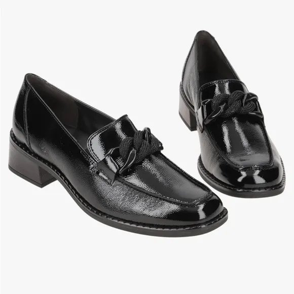 Paul Green Black Patent Leather Block Heel Chain Link Loafers Sz