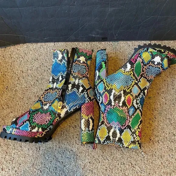 Pazzle Natalie Multicolor Snake Print High Heels Open Toe Boots Women Size 8.5