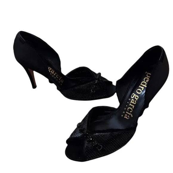 Pedro Garcia Black Sequin Open Toe Heels Size 8
