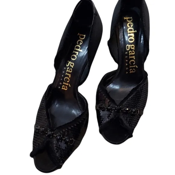 Pedro Garcia Black Sequin Open Toe Heels Size 8