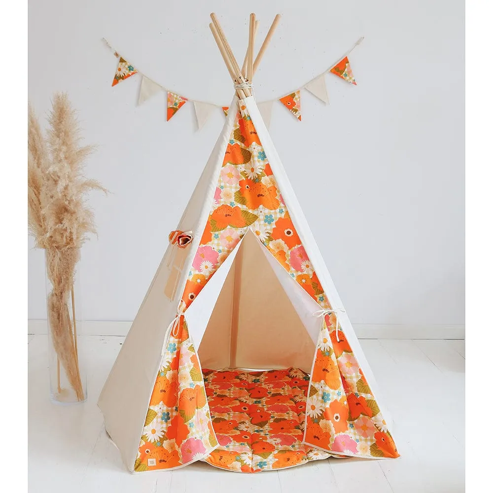 Picnic With Flowers Teepee And Mat Set - Beige, Orange & Green