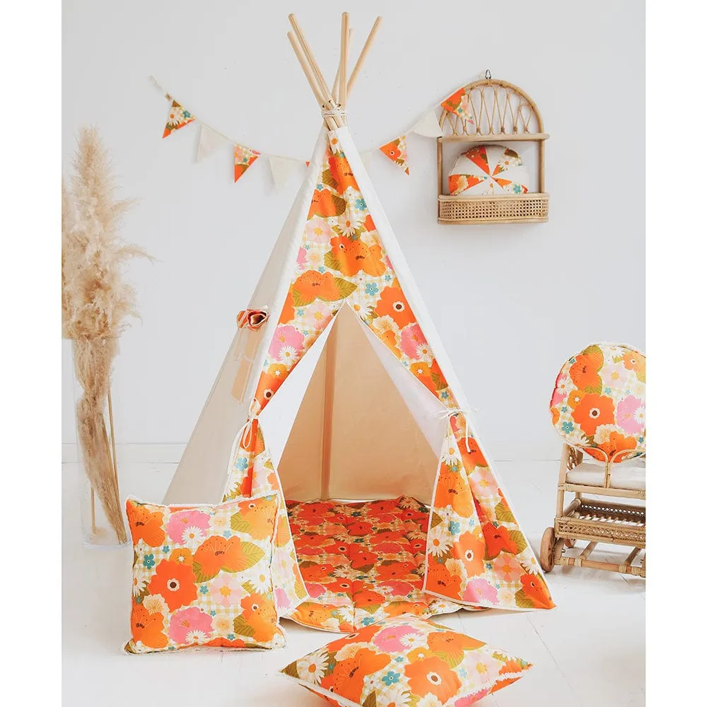 Picnic With Flowers Teepee And Mat Set - Beige, Orange & Green