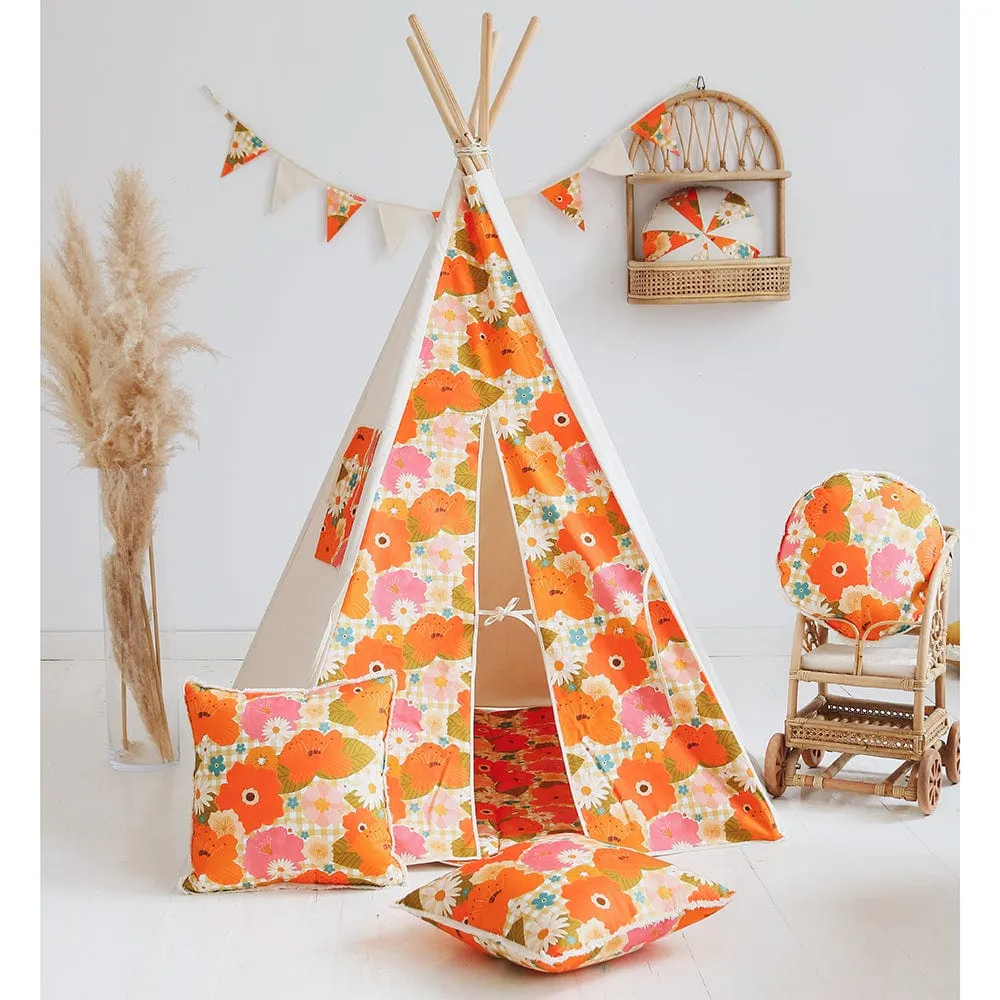 Picnic With Flowers Teepee And Mat Set - Beige, Orange & Green