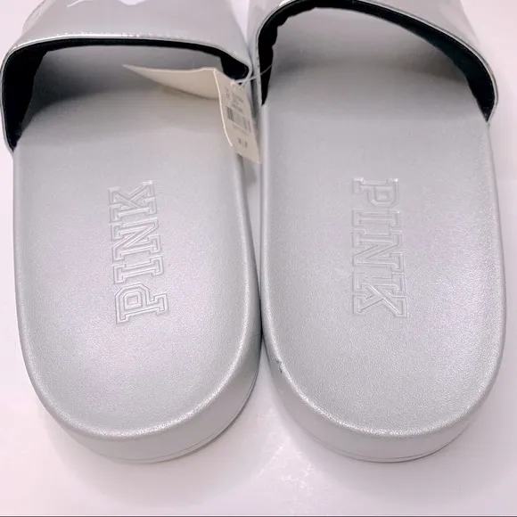 PINK Victoria Secret Silver Single Padded Strap Slides With White Logo Dog