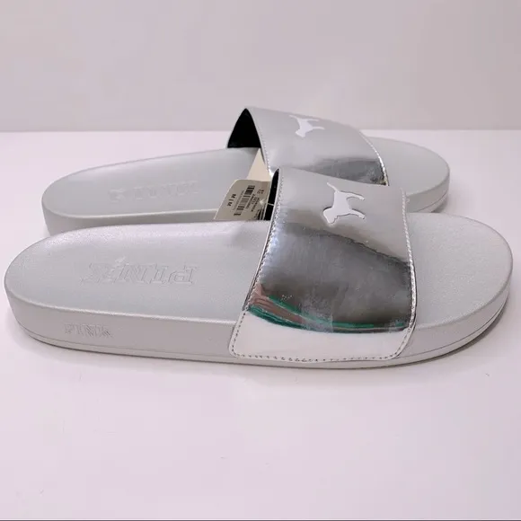 PINK Victoria Secret Silver Single Padded Strap Slides With White Logo Dog