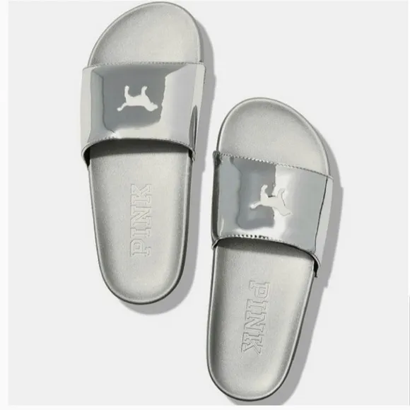 PINK Victoria Secret Silver Single Padded Strap Slides With White Logo Dog