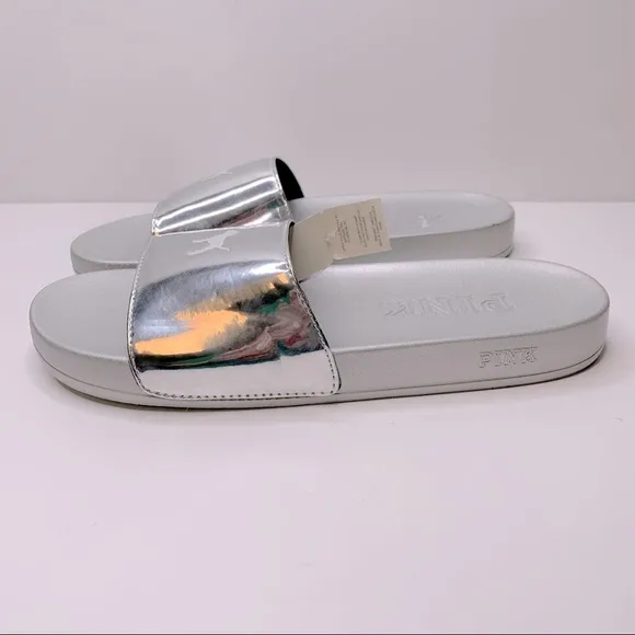 PINK Victoria Secret Silver Single Padded Strap Slides With White Logo Dog
