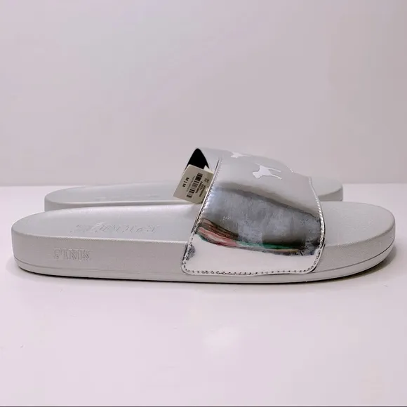 PINK Victoria Secret Silver Single Padded Strap Slides With White Logo Dog