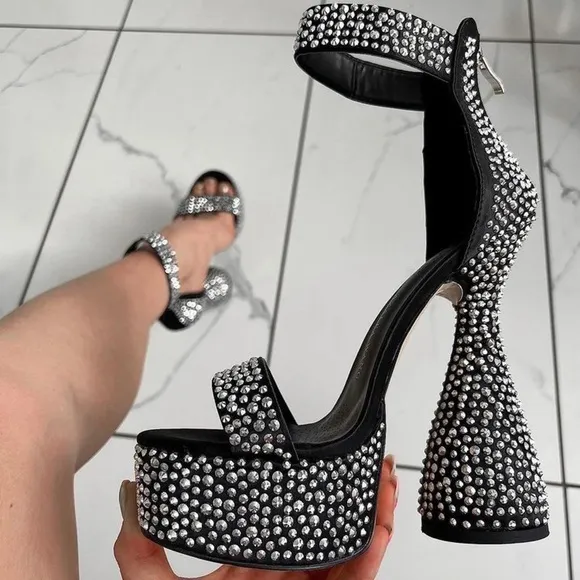 Platform sculptural chunky block heels rhinestone crystals!