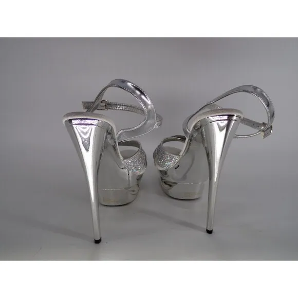 Pleaser Silver Glitter Platform heels Pageant Prom Bridal Wedding Strap Heels 9