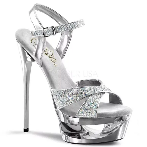 Pleaser Silver Glitter Platform heels Pageant Prom Bridal Wedding Strap Heels 9