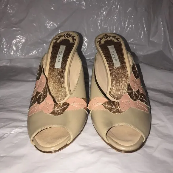 Pollini Hand Crafted Italian Leather Heels Open Toe Size 39 Floral