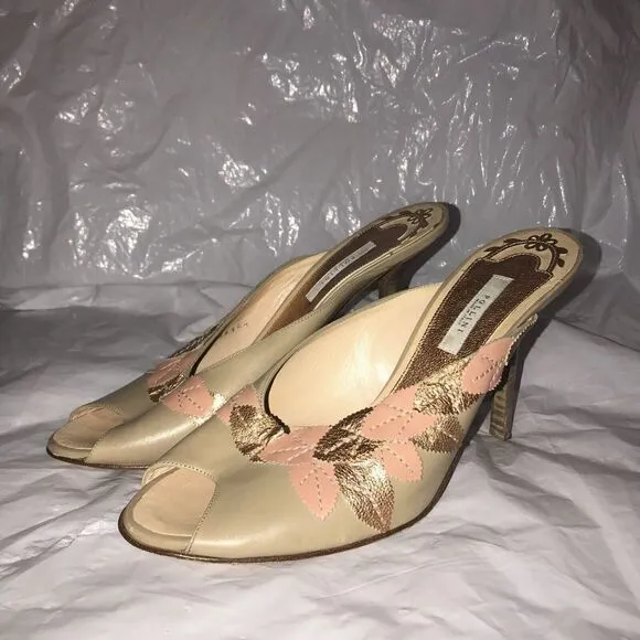 Pollini Hand Crafted Italian Leather Heels Open Toe Size 39 Floral
