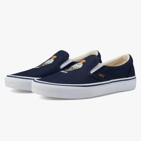 Polo Ralph Lauren Blue Canvas Keaton Slip On Bear Sneakers Sz. 9 NWOB