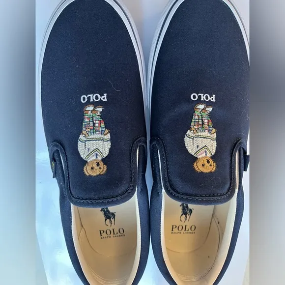 Polo Ralph Lauren Blue Canvas Keaton Slip On Bear Sneakers Sz. 9 NWOB
