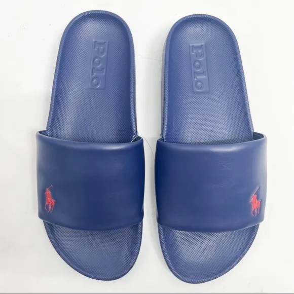 Polo Ralph Lauren CAYSON SOLID NAVY BLUE w/ Red Pony Slide Sandals