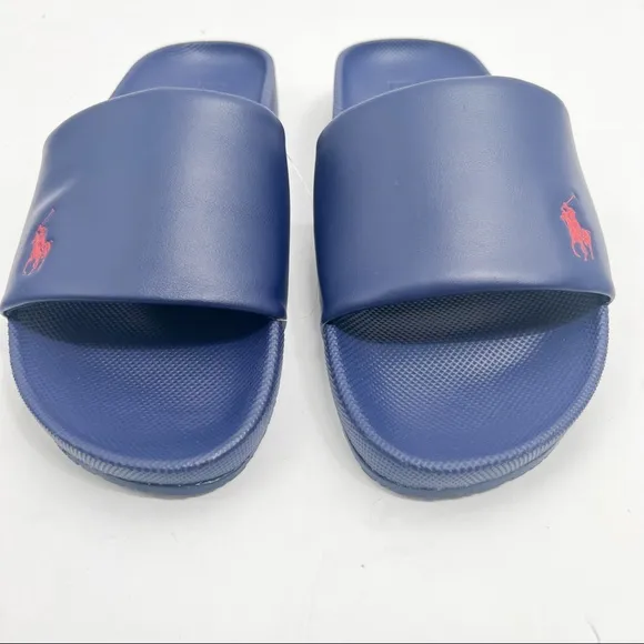 Polo Ralph Lauren CAYSON SOLID NAVY BLUE w/ Red Pony Slide Sandals