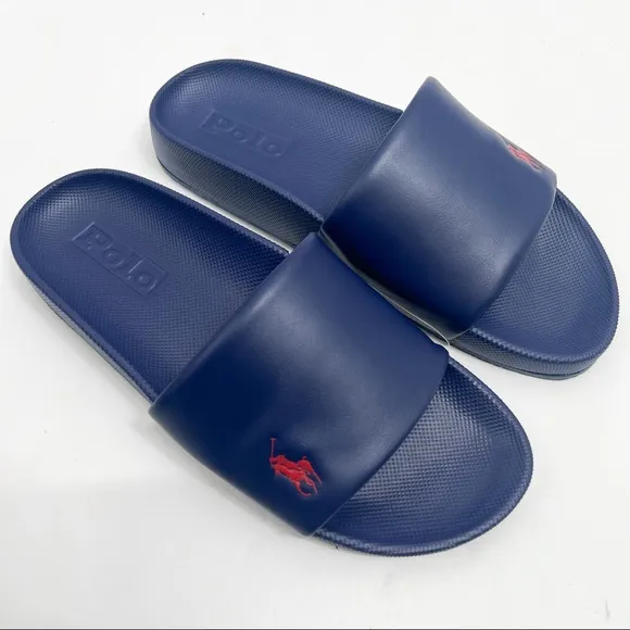 Polo Ralph Lauren CAYSON SOLID NAVY BLUE w/ Red Pony Slide Sandals