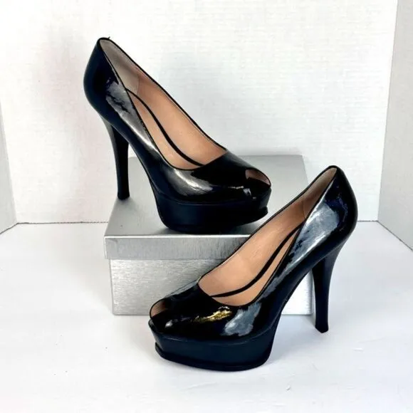 Pour La Victoire Black Patent Leather Open Toe Platform High Heel Pumps Size 7.5