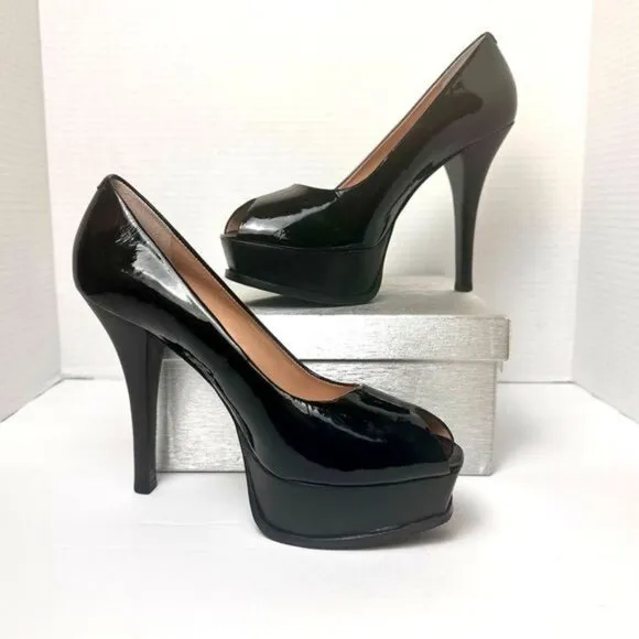 Pour La Victoire Black Patent Leather Open Toe Platform High Heel Pumps Size 7.5