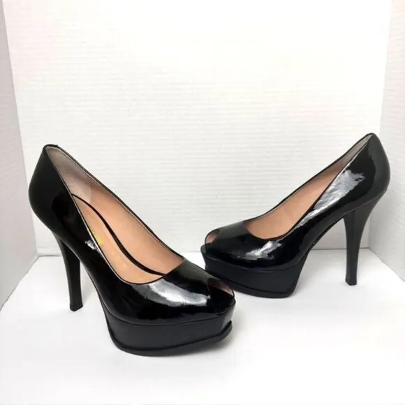 Pour La Victoire Black Patent Leather Open Toe Platform High Heel Pumps Size 7.5