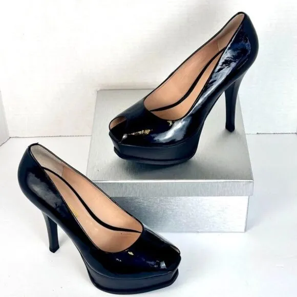 Pour La Victoire Black Patent Leather Open Toe Platform High Heel Pumps Size 7.5