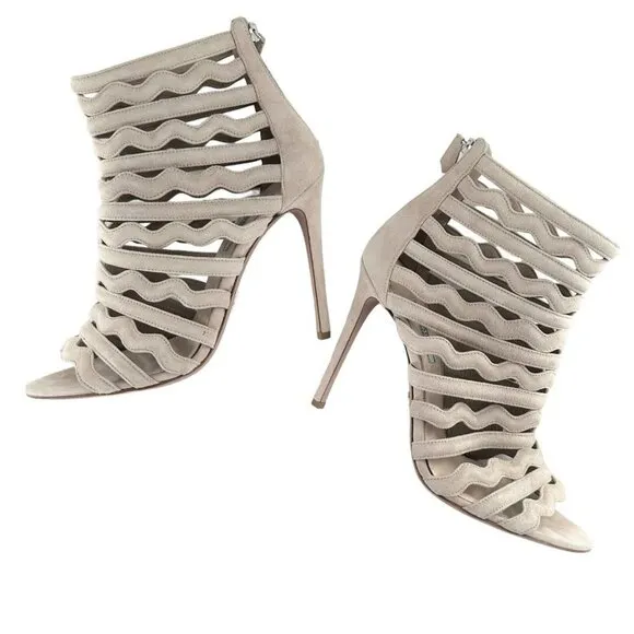 Prada Beige Suede Wavy Shootie Peep Toe Cage Heels Size 41 Neutral