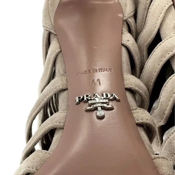Prada Beige Suede Wavy Shootie Peep Toe Cage Heels Size 41 Neutral