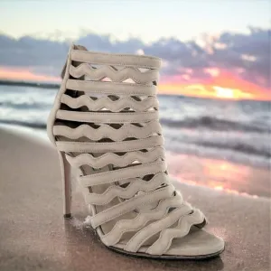Prada Beige Suede Wavy Shootie Peep Toe Cage Heels Size 41 Neutral