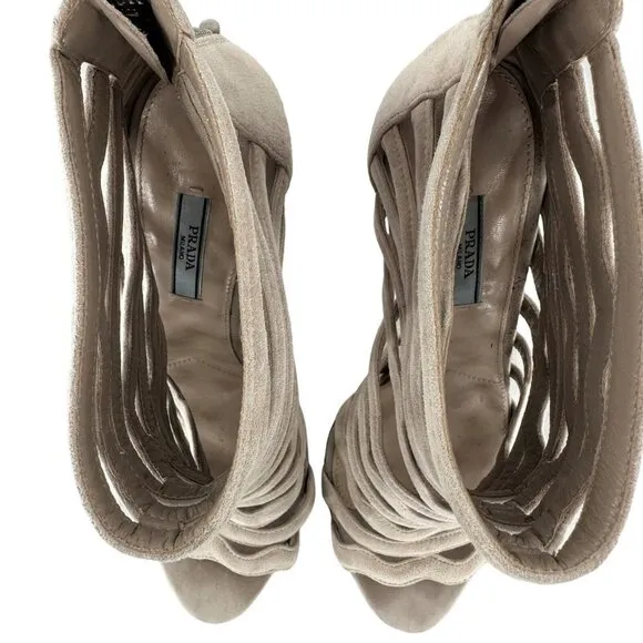 Prada Beige Suede Wavy Shootie Peep Toe Cage Heels Size 41 Neutral
